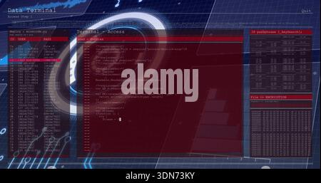 Displaying red terminal pane showing code on screen, with credentials, IP table, hex-dump, ring Stock Photo
