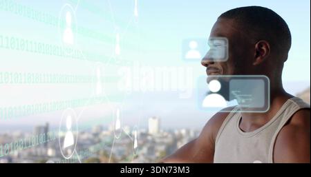 Using AR panels, man in gray tank controlling avatars, binary stream over city rooftop, copy space Stock Photo