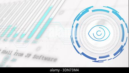 Displaying concentric biometric interface on right, showing eye icon, cyan traces, copy space Stock Photo