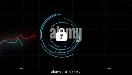 Displaying white padlock icon anchoring segmented cyan rings on black grid with waveform Stock Photo