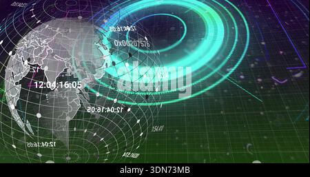 Rotating wireframe globe showing countries, timecodes on green grid with HUD rings, copy space Stock Photo