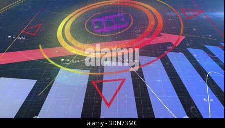 Displaying data-viz elements rising on dark grid plane, with bars, rings, arrow, trend lines Stock Photo
