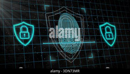 Scanning cyan fingerprint glowing on dark grid plane, showing dotted shield, scanning bar, padlocks Stock Photo