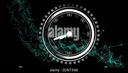 Displaying futuristic circular gauge rotating over black backdrop, showing needle and teal mesh Stock Photo