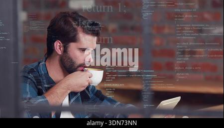 Drinking bearded man in blue-plaid shirt holding cup and reading tablet at cafe, code overlay Stock Photo