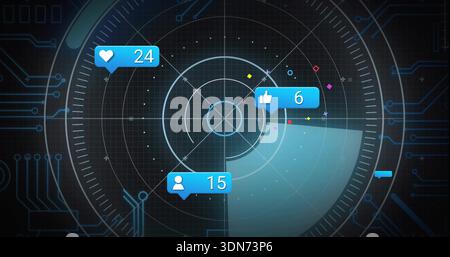 Displaying central radar disc rotating sweep wedge on digital dashboard, showing badges 24,6,15 Stock Photo