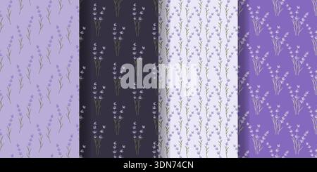 Set of delicate floral patterns in Provence style. Seamless backgrounds with lavender flowers, cottage core. Rustic flower print collection Stock Vector