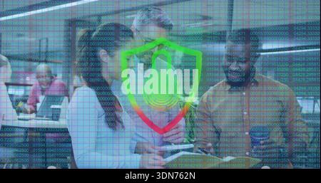 Hovering security shield overlaying train car commuters, showing padlock, phones, mustard coat Stock Photo