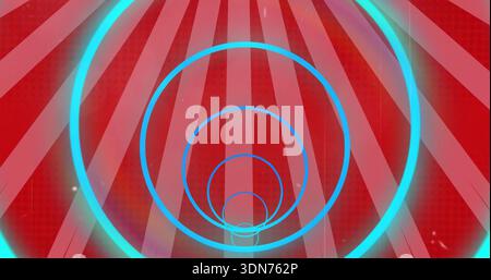 Glowing cyan concentric rings creating tunnel at center in graphic, with red sunburst halftone dots Stock Photo