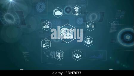 Displaying central hexagon cluster syncing globe, cloud, servers, database, users on digital HUD Stock Photo