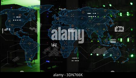Displaying neon-blue world map overlay in server room, showing hexagonal clusters and green LEDs Stock Photo