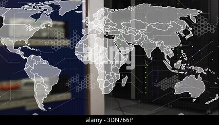 Displaying faint world map overlay in server room with hex patterns, circuit lines, racks, LEDs Stock Photo