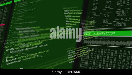 Displaying monitors, green terminal scrolling code at console, showing ENCRYPTION waveform Stock Photo