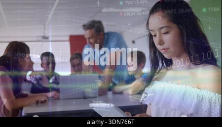 Holding white tablet teen in off-shoulder top focusing in class teacher guiding laptop, copy space Stock Photo