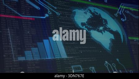 Displaying stylized globe center right on monitor, showing blue bar chart, code and circuit traces Stock Photo