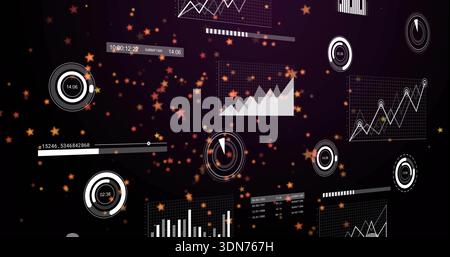 Floating cluster of analytics widgets drifting in virtual dashboard, showing line charts, gauges Stock Photo
