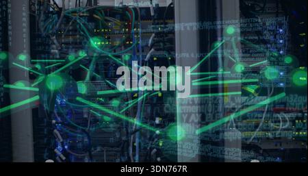 Showing rackmount servers and switches in data center rack with colored ...