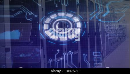Displaying central server racks and floating circular interface in data center, with HUD overlays Stock Photo