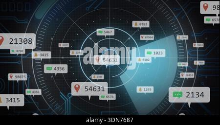 Displaying radar cluster labeled 54631, pulsing rings on digital interface with map-pin, chat, bell Stock Photo