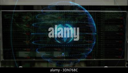 Projecting holographic blue dotted globe rotating above command console, with data wall readouts Stock Photo