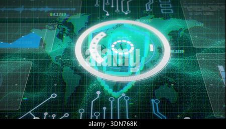 Rotating holographic HUD hovering on virtual dashboard, showing world map, grid, numeric readouts Stock Photo