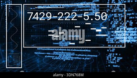 Displaying central hologram panel showing numeric readout on grid, with waveform and cascading code Stock Photo