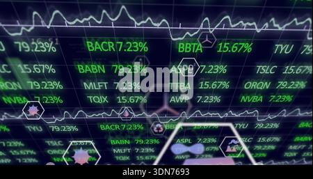 Displaying center finance panel showing green tickers and waveform lines on blue grid, hex icons Stock Photo
