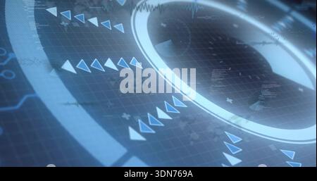 Showing glowing ring UI pulsing on virtual onscreen grid, with diagonal triangle arrows Stock Photo