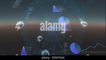 Displaying circular HUD projecting rings, pie and bar charts, line graphs, globe icons at dusk Stock Photo