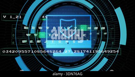 Displaying central monitor with shield emblem at security dashboard showing keypad and HUD rings Stock Photo