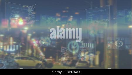 Floating translucent UI panels hovering over city street at night, showing code, gauges, parked car Stock Photo