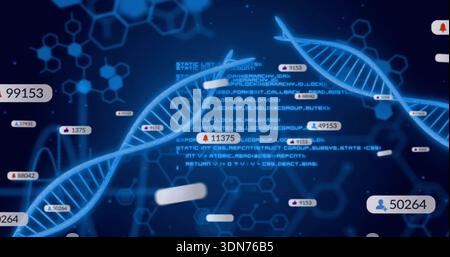 Twisting glowing DNA double helix spanning diagonal virtual lab display, with numeric tags and code Stock Photo