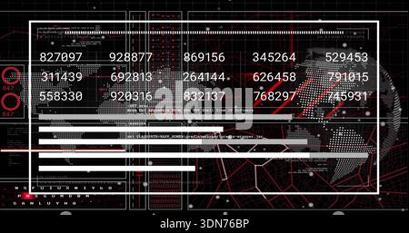 Displaying central HUD overlay on cyber dashboard, showing six-digit grid, progress bars, red mesh Stock Photo