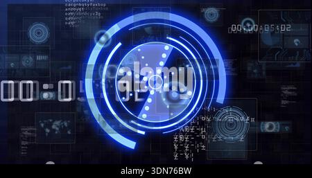 Projecting central holographic circular interface spinning over dark grid, with three-blade rotor Stock Photo