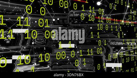 Floating yellow-green binary digits overlaying dark PCB close-up, linking microchips, traces, nodes Stock Photo
