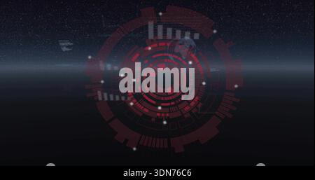 Floating central red circular HUD hovering over horizon, showing concentric rings, glowing nodes Stock Photo