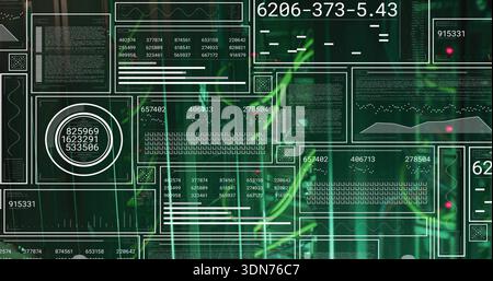 Displaying digital HUD dashboard in virtual interface, with neon-green waveform and circular gauge Stock Photo