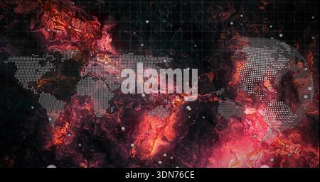 Displaying stylized dotted world map over marbled background, with faint grid and bokeh particles Stock Photo