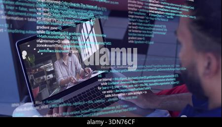 Reviewing dev in dark tee typing at home, laptop showing woman in light shirt, code overlays Stock Photo