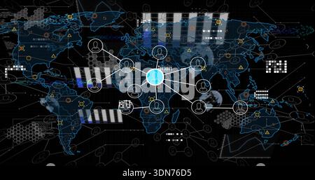 Showing central cyan user node glowing and connecting to outer white nodes on digital global map Stock Photo