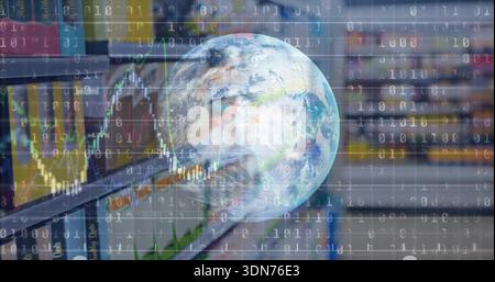 Floating translucent Earth intersecting binary code, candlestick charts, grid in storage room racks Stock Photo