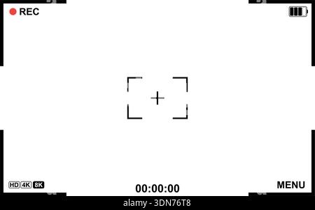 Minimalistic camera viewfinder interface designed for video recording overlays. Includes REC indicator, frame markers, timer, resolution icons, ISO menu, and digital UI elements. Perfect for video editing, app design, cinematography mockups, production interfaces, and creative visual effects. Stock Vector