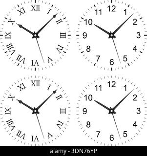 Set of four analog clock faces featuring Roman and Arabic numerals, clean design, and precise clock hands, ideal for education, time concepts, layouts, and instructional materials. Roman numeral clock. Arabic numeral clock. Time teaching clock. Clock face illustration Stock Vector
