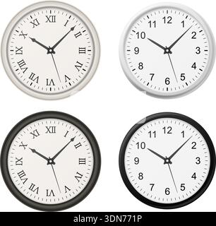 Collection of vintage and modern clocks displaying various time styles with clean, realistic design. Perfect for illustrating time management, punctuality, or decor themes. Wall clock set. Analog clock collection. Roman numeral clock. Time management concept. Classic and modern clocks. Stock Vector