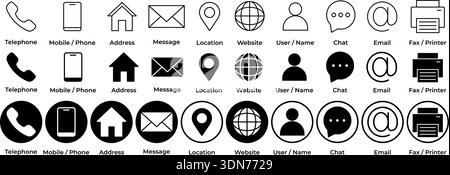 Minimalistic contact icons set featuring phone, mobile, address, email, location, website, user, chat, and printer symbols, designed in outline and solid styles for modern UI, business cards, and web interfaces. Contact icons. Communication icons set. UI interface symbols. Phone email location icons. Minimal contact icon pack. Stock Vector