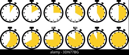 Vector stopwatch and timer set with multiple countdown durations. Timer countdown icons. Stopwatch vector set. Cooking timer illustration. Sport chronometer icons. Time interval graphics. Countdown stopwatch collection with colored time intervals Stock Vector