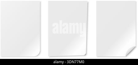 Set of realistic white paper sheets mockup featuring soft shadows, rounded edges, and folded corner. Perfect for graphic design, corporate identity, advertising, brochures, and creative presentations. Blank paper mockup. White paper template. Paper sheet mockup. Document mockup design. Minimal paper background Stock Vector
