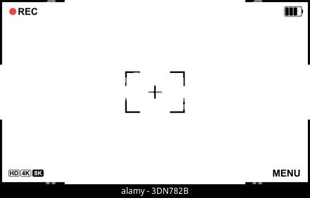 Minimal camera viewfinder interface with recording indicators, focus marks, battery status, and resolution icons. Clean empty frame design suitable for video production, filming concepts, and media templates. Stock Vector