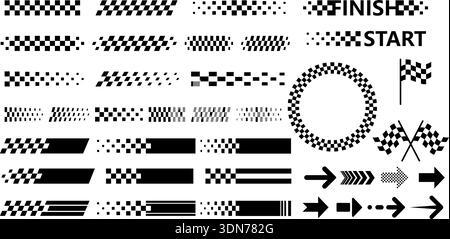 Dynamic Racing Stripes and Checkered Speed Line Set Motorsport Finish Start Line Graphics. racing stripe vector. Checkered flag graphics. Motorsport speed lines. Car decal pack. Vehicle racing stickers. Stock Vector