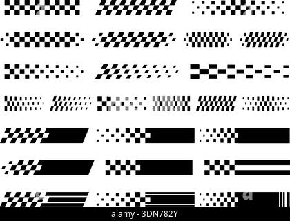 A detailed collection of racing stripes, angled checkered patterns, dynamic speed lines and motorsport-inspired decals. Perfect for car wrapping, vehicle tuning, sport design projects, promotional graphics, and high-speed themed branding. The set includes various checkered elements, finish line graphics, arrows, motion stripes, and bold automotive decorations suitable for both digital and print use. Stock Vector